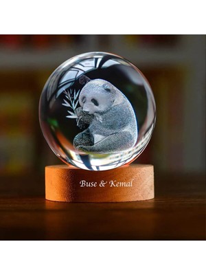 PremiumPort Kişiye Özel Ahşap Panda Kristal Cam Küre 6cm, Şık ve Doğal Tasarım