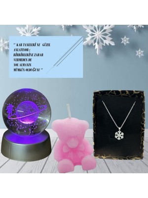PremiumPort Renkli LED Işıklı Satürn Kız Küre Çelik Kolye ve Pembe Ayıcık Mum
