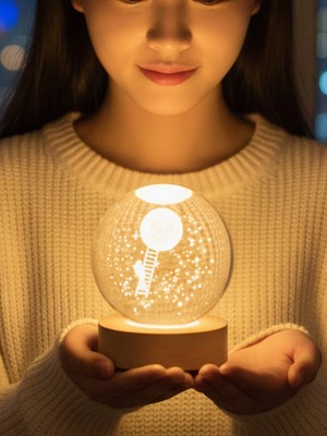 PremiumPort 3D Kristal Cam Küre Gece Lambası, Ahşap Altlıklı USB LED Dekorasyon
