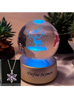 PremiumPort Kişiye Özel Renk Değiştiren LED Işıklı Cam Geyik Kar Küresi Kolye