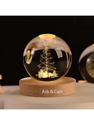 PremiumPort Kişiye Özel Büyük Boy Işıklı Ahşap Temalı Cam Küre 8cm