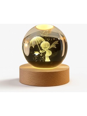 PremiumPort 3D Kristal Cam Küre ve Ahşap Tabanlı Mini Prens Şemsiyesi LED Işıklı