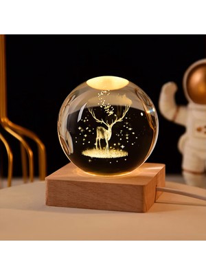 PremiumPort Isme Özel Büyük Boy Işıklı Ahşap Geyik Temalı Cam Küre 8cm