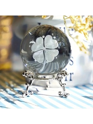 PremiumPort Şık Metal Ayaklı 3D Yonca Desenli Cam Küre 6cm, Dekoratif Parça