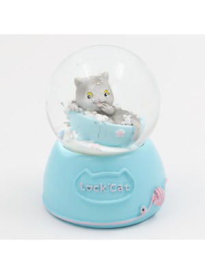 PremiumPort Mavi Işıklı Kar Küresi, Kedili Tasarım, 9cm, Şık ve Hediye Alternatifi