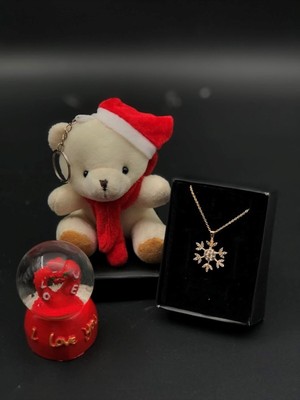 PremiumPort Yılbaşı Temalı Mini Kar Küresi Kolye ve Noel Şapkalı Ayıcık Anahtarlık Seti