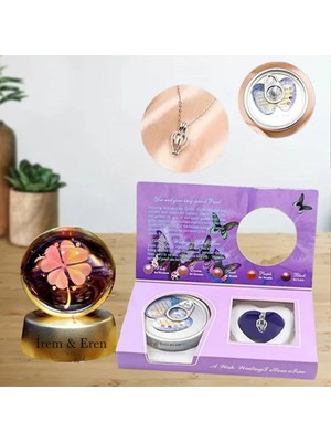 PremiumPort Kişiye Özel Inci Kolye ve 3D Yonca Işıklı Cam Küre Hediye Seti