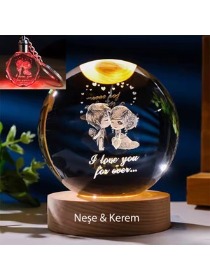 PremiumPort Özel Tasarımlı Işıklı Ahşap Kaideli Sevgili Cam Küre ve Anahtar Seti