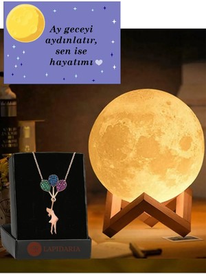 PremiumPort 3D Ahşap Ay Gece Lambası ve Balonlu Kız Kolye Hediyeli LED Başucu Işık
