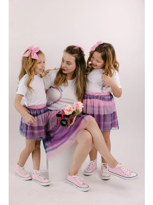 geef kids anne kız çocuk kombin kat kat etek alt birleşen kalpler tişört üst takım (tekli )