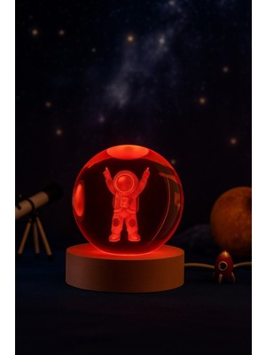 PremiumPort 3D Astronot Küre Kristal LED Gece Lambası, Usb, Ahşap Stand, Rgb Masa Işığı