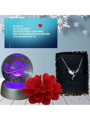 PremiumPort Renk Değişen LED Işıklı Cam Satürn Kız Küre Çelik Melek Kolye ve Lotus Mum