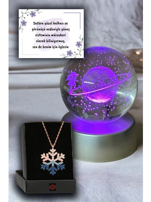 PremiumPort Renk Değişen LED Işıklı Satürn ve Dolunay Cam Küre Kolye