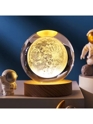 PremiumPort Isme Özel Büyük Boy Işıklı Ahşap Kaideli Dolunay Cam Küre ve Anahtar Seti