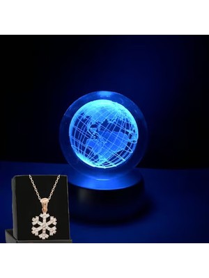 PremiumPort 3D Dünya ve Kar Tanesi Cam Küre Kolye, Dekoratif Işıklı Takı