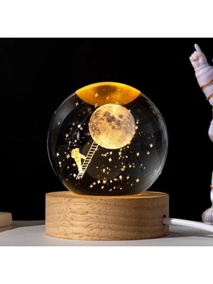 PremiumPort 3D LED Işıklı Ahşap Standlı Astronot ve Dolunay Cam Küre, USB ile Çalışır