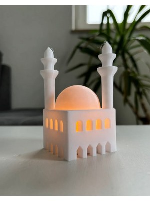 3D Baskı Mini Cami Gece Lambası – LED Mum Işıklı Dekoratif Masa Lambası