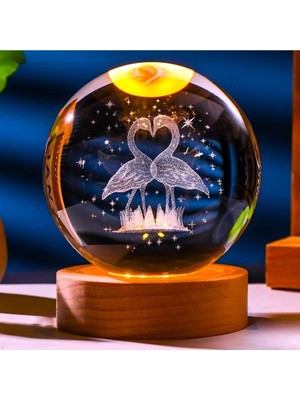 PremiumPort 3D Flamingo Cam Küre, Ahşap Standlı, Dekoratif Işıklı Büyük Boy