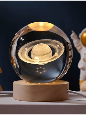 PremiumPort Satürn Gezegen Ahşap Tabanlı Cam Küre Dekoratif Aydınlatma