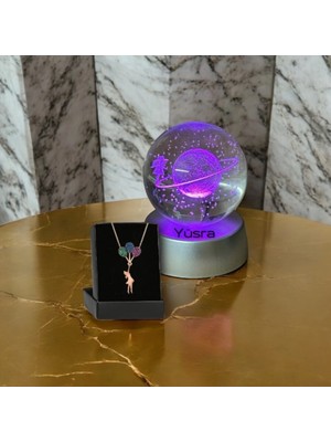 PremiumPort Kişiye Özel Satürn, Kristal Top, Dolunay ve Balon Detaylı Kız Kolye