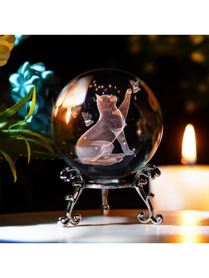 PremiumPort Şık Metal Ayaklı Kedi Tasarımlı 3D Cam Küre 6cm, Ev Dekorasyonu