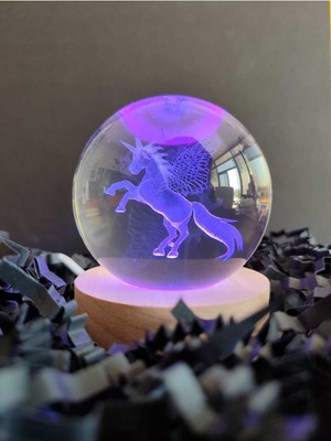 PremiumPort 3D Kristal Cam Küre Çocuk Gece Lambası Ahşap Soketli LED Işıklı