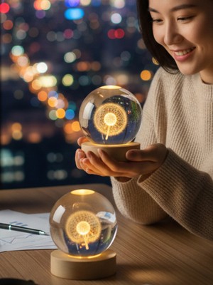 PremiumPort Ahşap Altlıklı USB LED Kristal Cam Küre Gece Lambası, Dekoratif ve Hediye