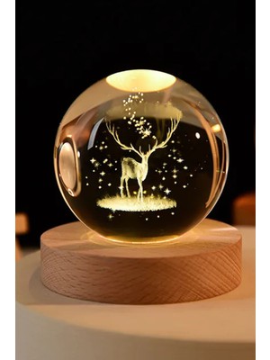 PremiumPort 3D Kristal Top Geyik Modeli, Ahşap Standlı, USB Kablolu, Dekoratif Süs