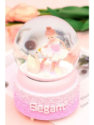 PremiumPort Orta Boy Pembe Kar Küresi Işıklı ve Müzikli, Balerin Temalı, 12X8 cm