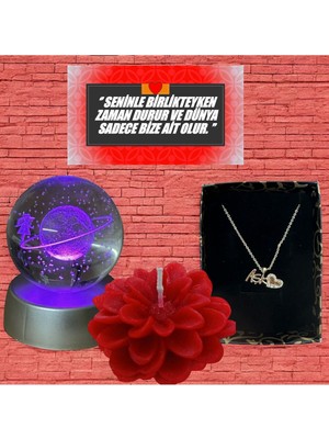 PremiumPort Renkli LED Işıklı Satürn Kız Küre Çelik Aşk Kolye ve Lotus Mum Seti