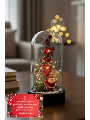 PremiumPort Yılbaşı Temalı Kokina Çiçekli Noel Baba LED Işıklı Fanus Büyük Boy