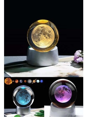 PremiumPort 3D Renk Değiştiren Kristal Ay Tasarımı Cam Küre Standlı