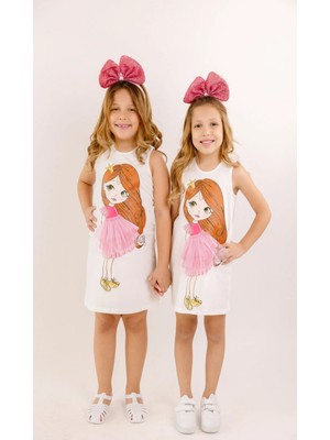 Geef Kids Kız Çocuk Bebek Baskılı Tül Detaylı Kolsuz Elbise