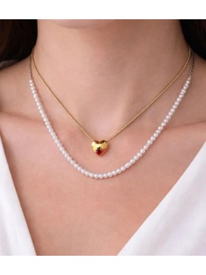 Septemmart Gold Renk Bombeli Kalp ve Inci Detaylı Ikili Kolye