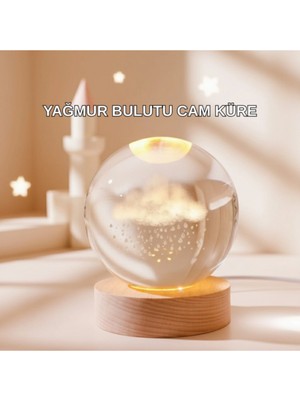 PremiumPort 3D Yağmur Bulutu Desenli Kristal Top USB Gece Lambası, Ahşap Tabanlı Dekorasyon