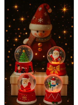 PremiumPort 4'lü LED Işıklı Mini Kar Küresi Seti, Noel Baba, Kardan Adam ve Çam Ağacı