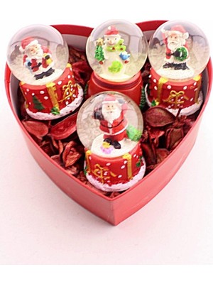 PremiumPort Sevgiliye 2023 Yeni Yıl Hediyesi Kalp Kutu Içinde 4 Mini Noel Baba Kar Küresi