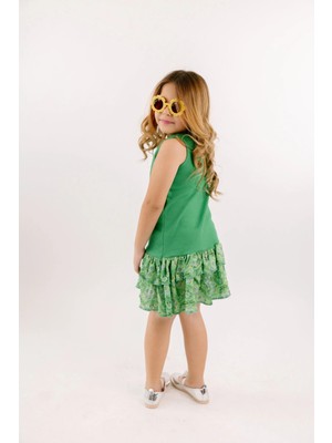 Geef Kids Kız Çocuk Yeşil Kat Kat Volanlı Çocuk Elbise