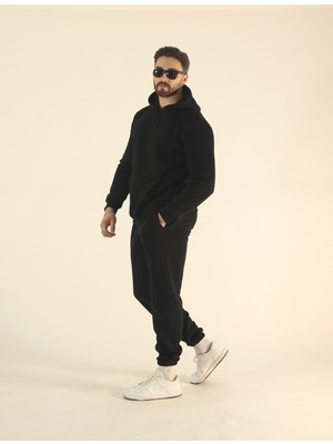 EYDAMOON Erkek Siyah Kışlık Içi Polarlı Yumuşak Dokulu Kanguru Cepli Kapüşonlu Lastikli Paça Eşofman Takımı