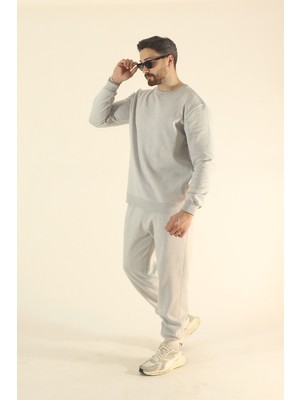 EYDAMOON Erkek Kışlık Içi Polarlı Eşofman Takımı Bisiklet Yaka Sweatshirt Jogger - Gri Regular Lastikli Paça