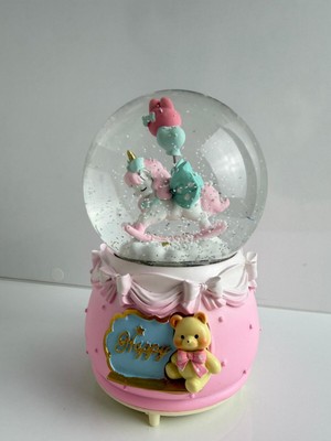 PremiumPort Büyük Boy Pembe Unicorn Işıklı ve Müzikli Kar Küresi, Kar Püskürtme Özelliği