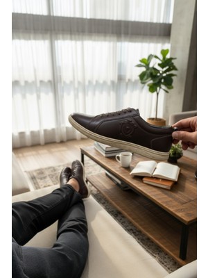Enoch Hakiki Deri Kahverengi Beyaz Tabanlı Logo Detaylı Erkek Sneaker