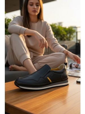 Enoch Hakiki Deri Sarı Detaylı Siyah Sportif Erkek Günlük Ayakkabı