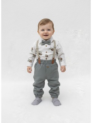 Butik Erkek Bebek - Çocuk  Pantolon Askılı Papyon Detaylı 4 Parça Takım Pamuklu Kumaş