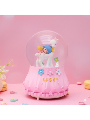 PremiumPort Şanslı Kız Büyük Boy Kar Küresi Işıklı, Müzikli, Püskürtmeli, Pembe 16X12