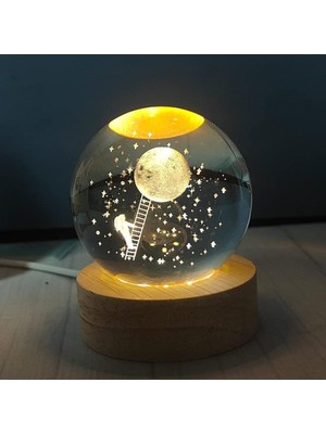PremiumPort 3D Kristal Cam Küre Gece Lambası Ahşap Kaidi Astronot ve Ay Tasarımı