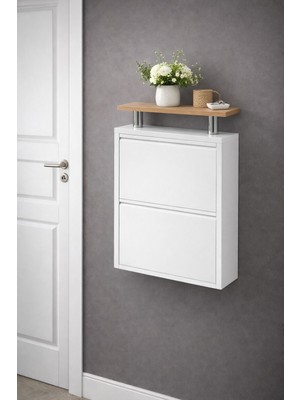 Arinna 2'li Beyaz Metal Ayakkabılık ( Üst Ahşap Tablalı )