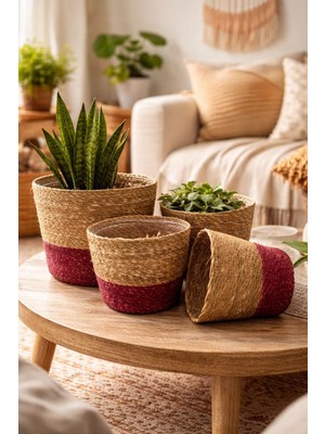 Hbs Art Design Hasır Saksılık Poşetli 4lu Set  Bordo Detaylı