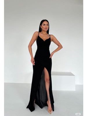 Rengamoda Kadın Askılı Kruvaze Yaka Yırtmaçlı Flowers Kumaş Abiye Elbise