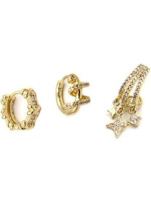 Mbb E-Ticaret 3'lü Taşlı Halka Küpe - Altın